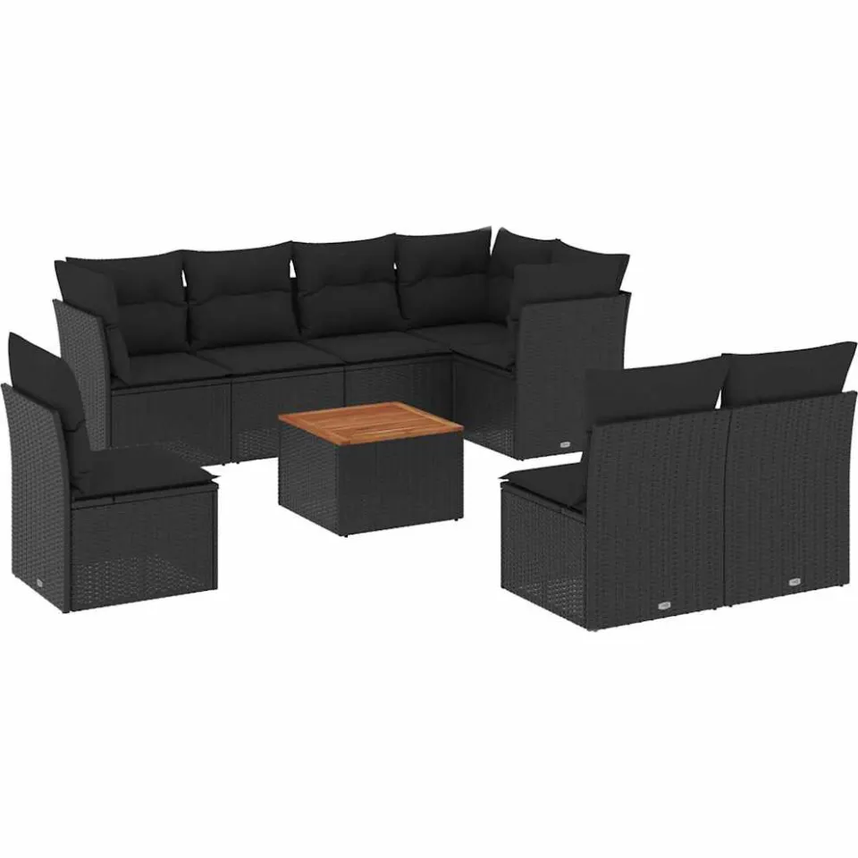 vidaXL 9-delige Loungeset met kussens poly rattan zwart, foto 3
