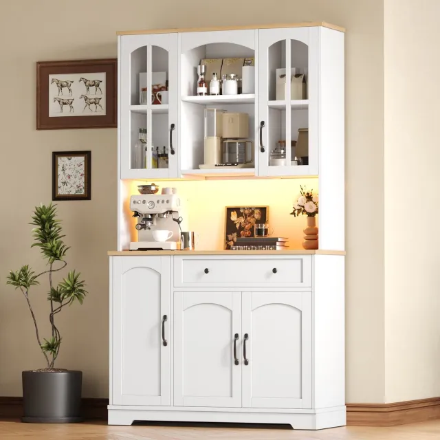 MIVRAY Keukenkast - Hoge Opbergkast Met RGB Ledverlichting - Glazen Deuren En Lade Voor Keuken En Eetkamer - MDF - Wit - 100 x 38 x 178 Cm