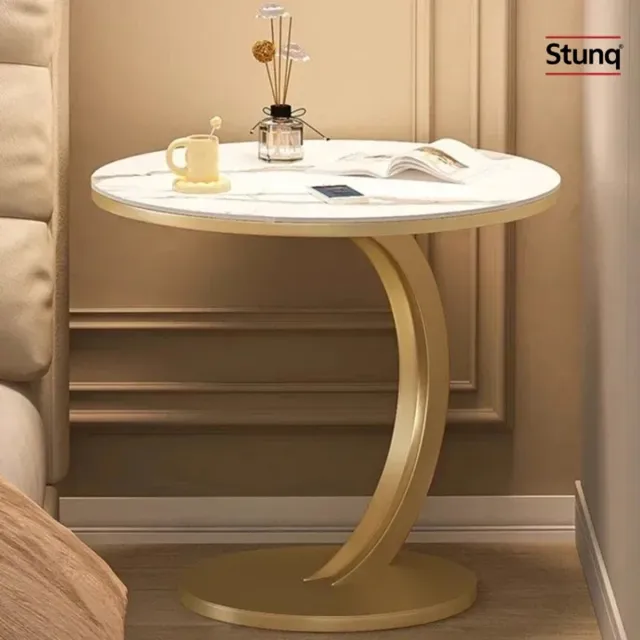 Stunq Ronde bijzettafel met marmerlook blad en goudkleurig C-vormig frame, 45 cm Wit