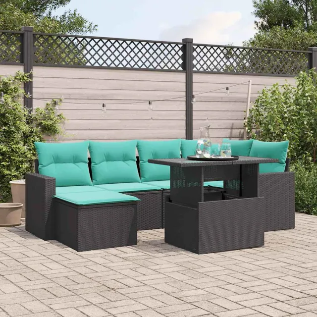 vidaXL 7-delige tuinbankset met kussens van zwart polyrotan, foto 2