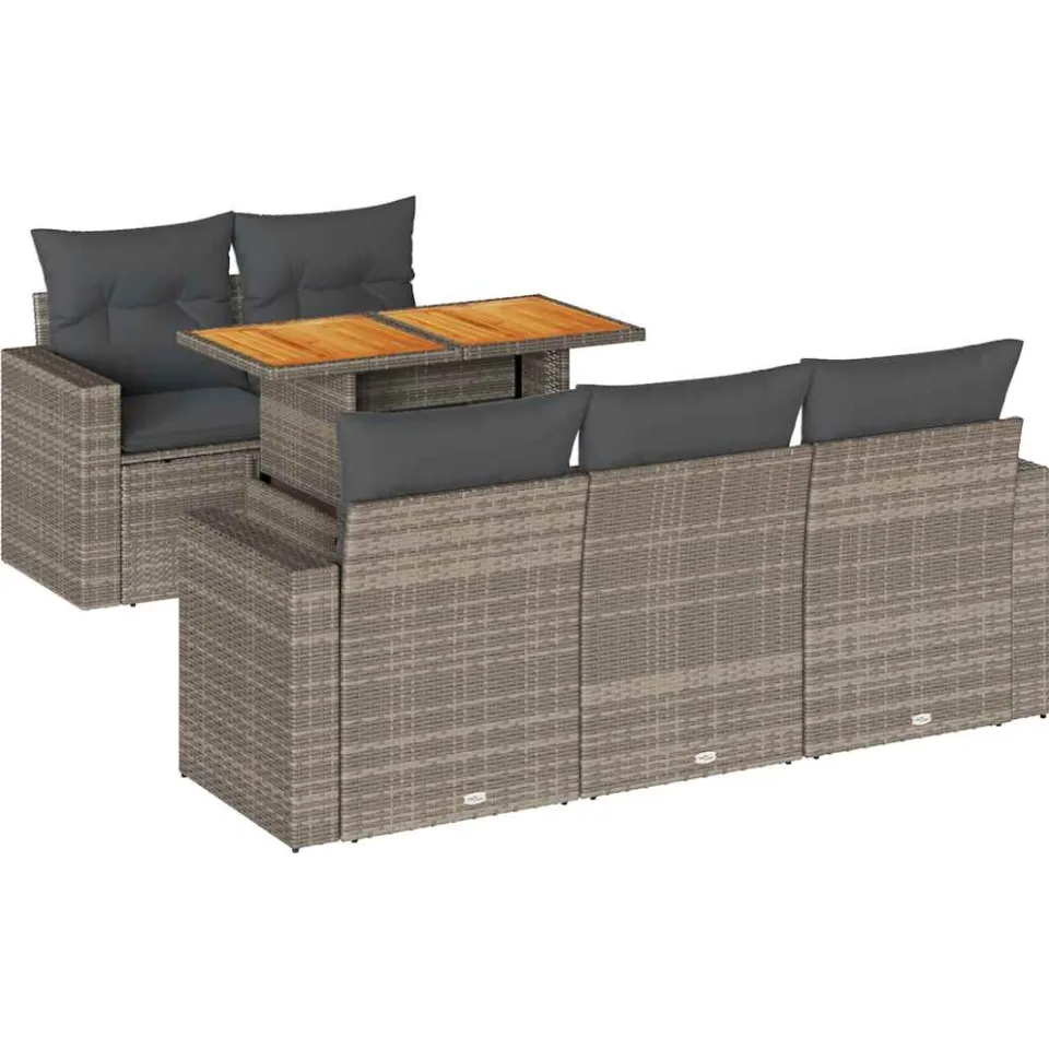 vidaXL 6-delige Loungeset met kussens poly rattan grijs, foto 3
