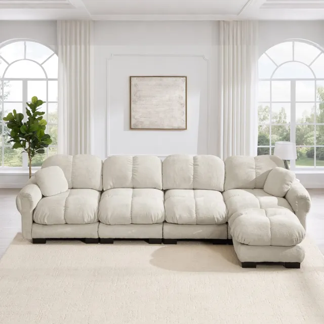 MODENUIT Hoekbank 330 x 149 x 90 cm - Modulair Met Verplaatsbare Ottomane - Woonkamer - Chenille - Licht Khaki Light Khaki