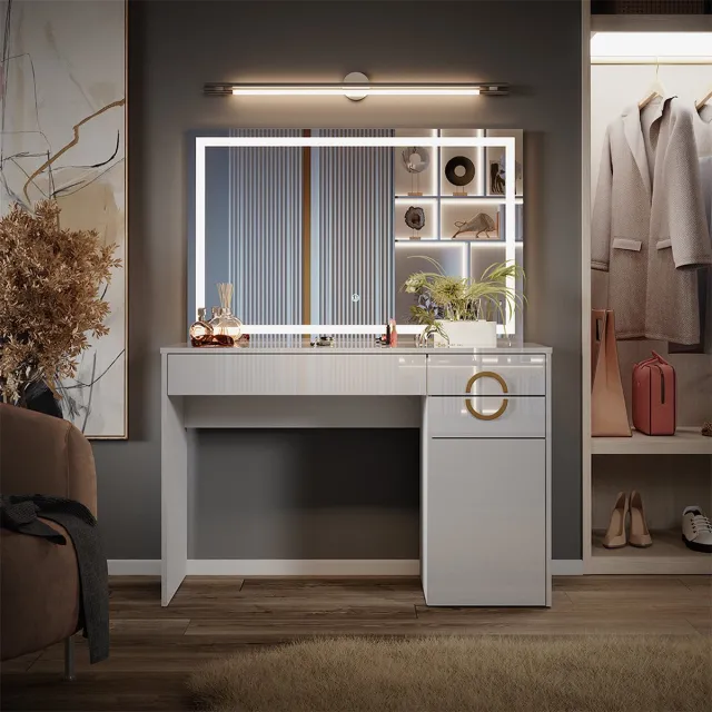 Vicco Kaptafel met licht Adela, Wit, 115 cm met LED-spiegel
