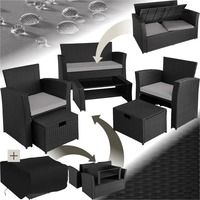 Tectake wicker tuinzitgroep voor 4 personen met kruk, poly rotan tuinmeubelset met ingebouwde opbergbox in de bank - zwart/grijs - incl. beschermhoes