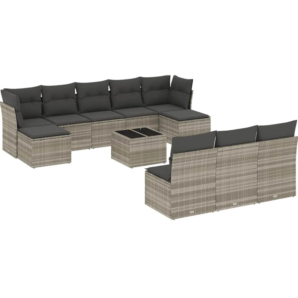vidaXL 11-delige Loungeset met kussens poly rattan lichtgrijs grijs