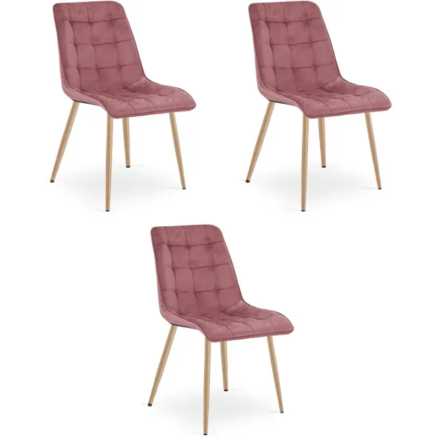 Oskar Set van 3 Eetkamerstoelen SPLIT – Donkerroze Velvet / Fluweel – Gestoffeerde Zitting – Metalen Poten in Eikenlook – Modern Design – Voor Eetkamer en Keuken