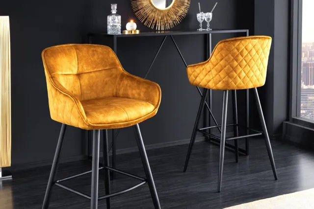 Invicta Interior Design barkruk EUPHORIA mosterdgeel fluweel zwart metalen poten barstoel met rugleuning - 43687 Zie omschrijving