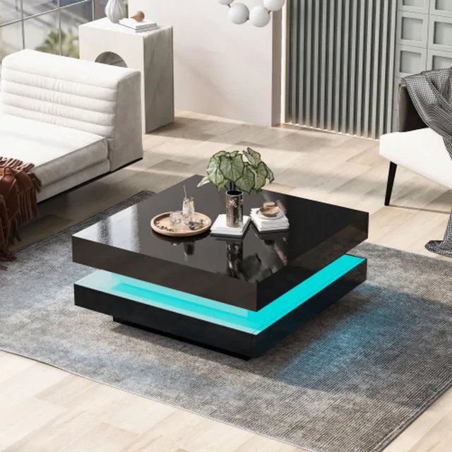 YJZQ Vierkante salontafel in zwart, moderne technologische stijl met 16-kleuren LED verlichting, 70x70x36 cm, max. lading 30 kg