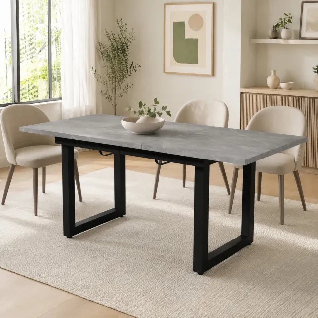 MEUNIQ uitschuifbare eettafel 140/180 x 80 x 75 cm in industriële stijl met rechthoekig MDF tafelblad in betonlook en zwart metalen frame Grijs+zwart