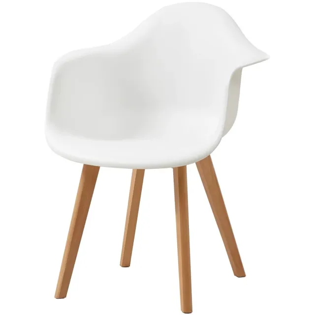 Whoopr® Set van 4 Scandinavische Eetkamerstoelen met Armleuningen – Retro Design Kuipstoelen met Beukenhouten Poten – Moderne Kunststof Stoelen voor Eetkamer & Woonkamer Wit