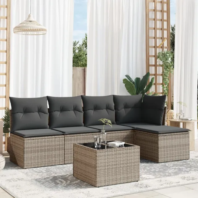 vidaXL 6-delige Loungeset met kussens poly rattan grijs, foto 2