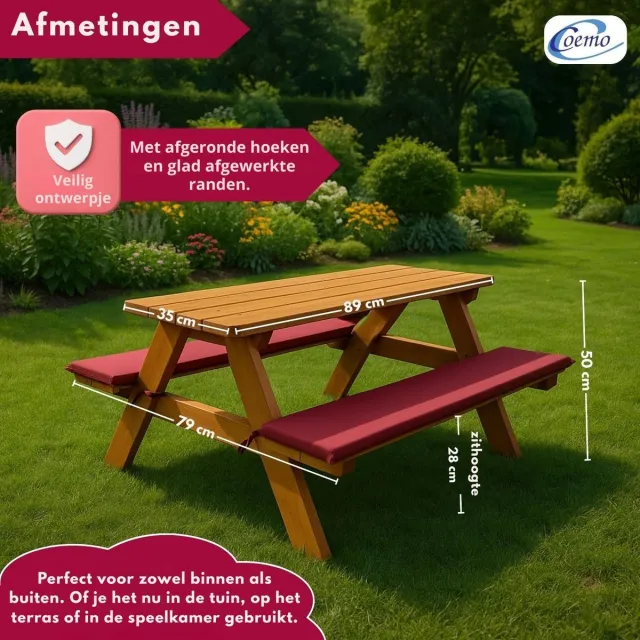 Coemo Kinderzitgroep tuin hout met zitkussens - Roodbruin - 89x79x50 cm