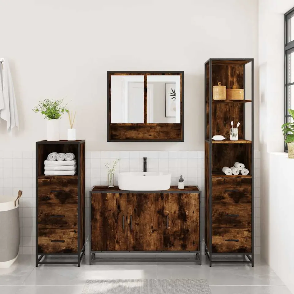 vidaXL 4-delige Badkamermeubelset bewerkt hout gerookt eikenkleurig, foto 4