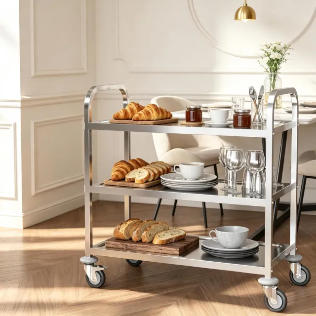 MODENUIT Servicewagen – 3 Lagen – 90,5 x 50,5 x 88,2 cm – Verchroomd Roestvrij Staal – Zilver – Met Remmen