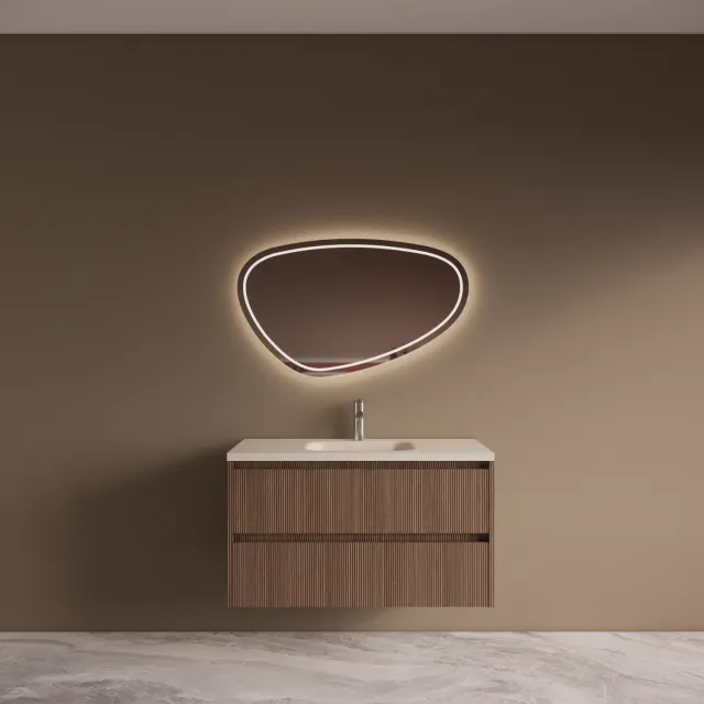 Boss & Wessing BWS Riga Donker Eiken Japandi Badmeubelset Met Wastafel 100 cm Travertin Sintered Stone Keramisch