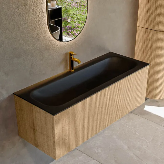 Mondiaz KURVE 120 cm Onderkast Greeploos 1 Lade Zonder Deuren Oak, Wastafel Solid Surface Volledig Urban 1 Kraangat Zonder Spiegel (KRVBGL1201L0D1KM-Oak/Urb)