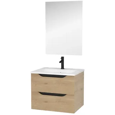 Aurlane Badmeubelset Lucas 60cm - Houtkleur - Met Spiegel En Wastafel - Met 2 Lades