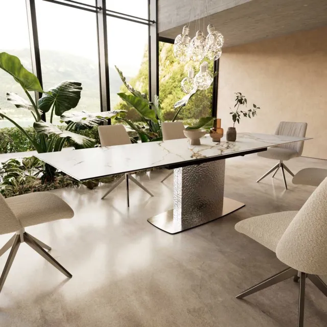 DELIFE Eetkamertafel Edge keramiek Calacatta Luxe wit-goud-grijs 200-300x100 Wave RVS uitschuifbaar Weiß-Gold-Grau