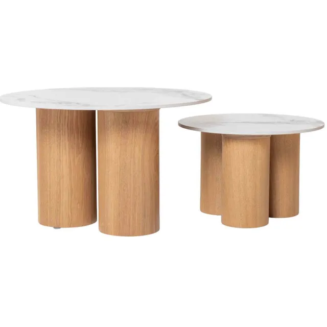 Giga Meubel Salontafel Alita - Wit Keramiek/Naturel - Ø70/50x42/32cm