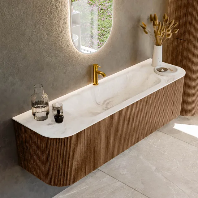 Mondiaz KURVE-DLUX 160 cm Onderkast Greeploos 1 Lade Met Deuren Walnut, Wastafel Solid Surface Midden Frappe 1 Kraangat Zonder Spiegel (KRVBGM160L+R1L2D1KM-Wal/Fra)