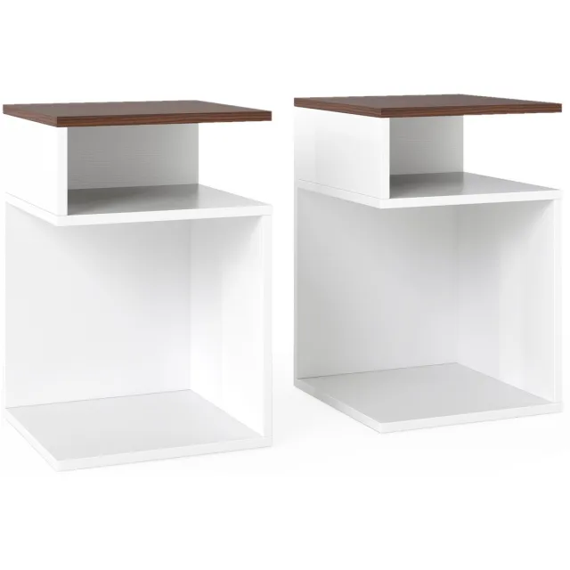 Costway Bijzettafel hout set van 2, 3 niveaus banktafel, nachtkastje, modern, voor woonkamer en slaapkamer, 33 x 33 x 50 cm (wit + walnoot) Wit +Walnoot