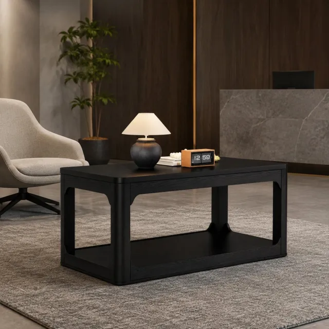 Wishdor Salontafel met twee niveaus en open opbergrek - Rechthoekig tafelblad met afgeronde hoeken - Modern en minimalistisch - Voor woonkamer en slaapkamer - MDF - Zwart - 100 x 50 x 44,5 cm