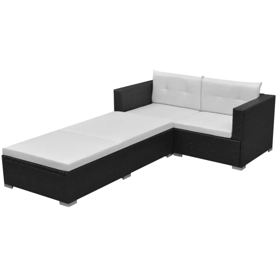 vidaXL 3-delige Loungeset met kussens poly rattan zwart, foto 3
