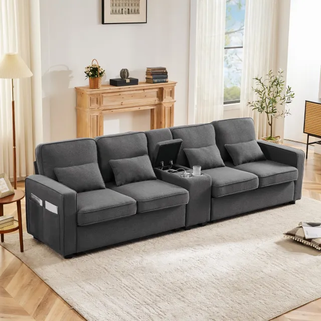 HAUSS SPOLE Bank - 4-Zits - Modern Sofa Met Armkussens En Verplaatsbare Voetensteun - Linnen - Donkergrijs