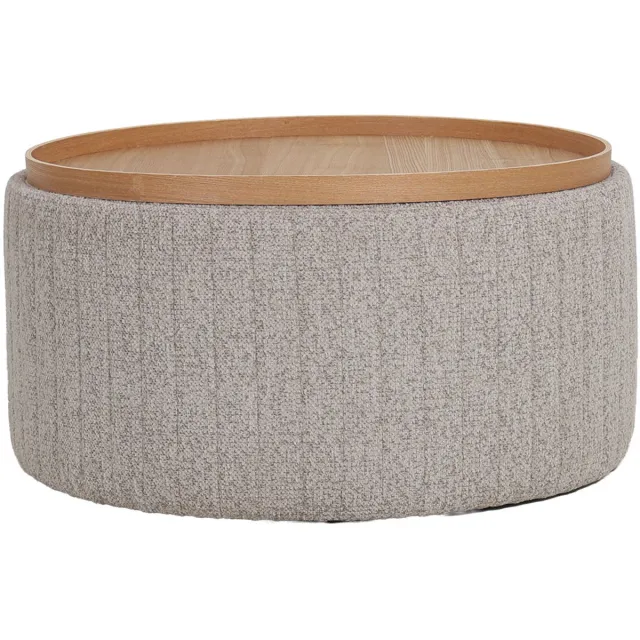 DÉJA Living Salontafel Angela – Rond – Met Opbergruimte – Chenille – Essen Fineer – 81x81x42 cm – Taupe/Naturel