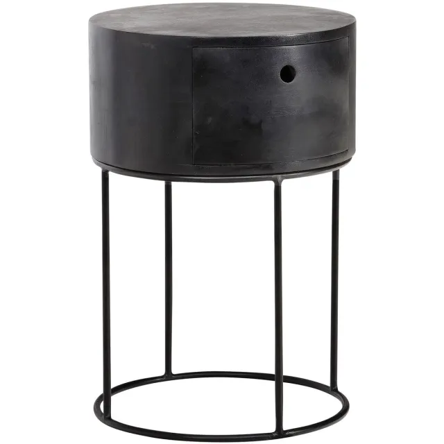 Ervesto Nachtkastje Mangohout 40x40x60 Cm - Rond - Zwart - Handgemaakt - Met Lade En Opbergruimte - Industrieel Design Zie omschrijving