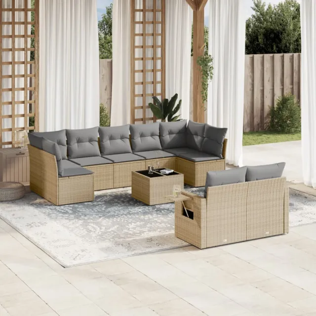 vidaXL 10-delige Loungeset met kussens poly rattan beige, foto 2