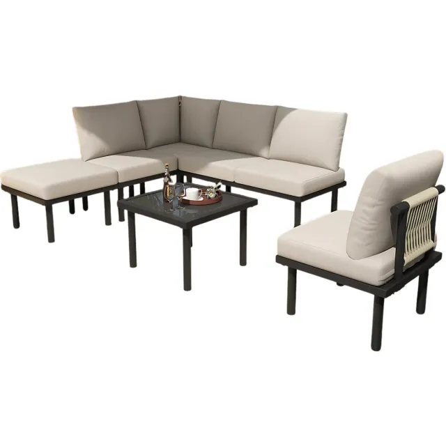 Happiq 6-delig Tuin Loungeset - Tuinmeubelset - Voor Buiten & Terras - Met Glazen Tafelblad & Kussens - Touwgaas & IJzeren Frame Creme