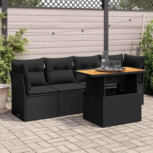 vidaXL 5-delige Loungeset met kussens poly rattan zwart, foto 2