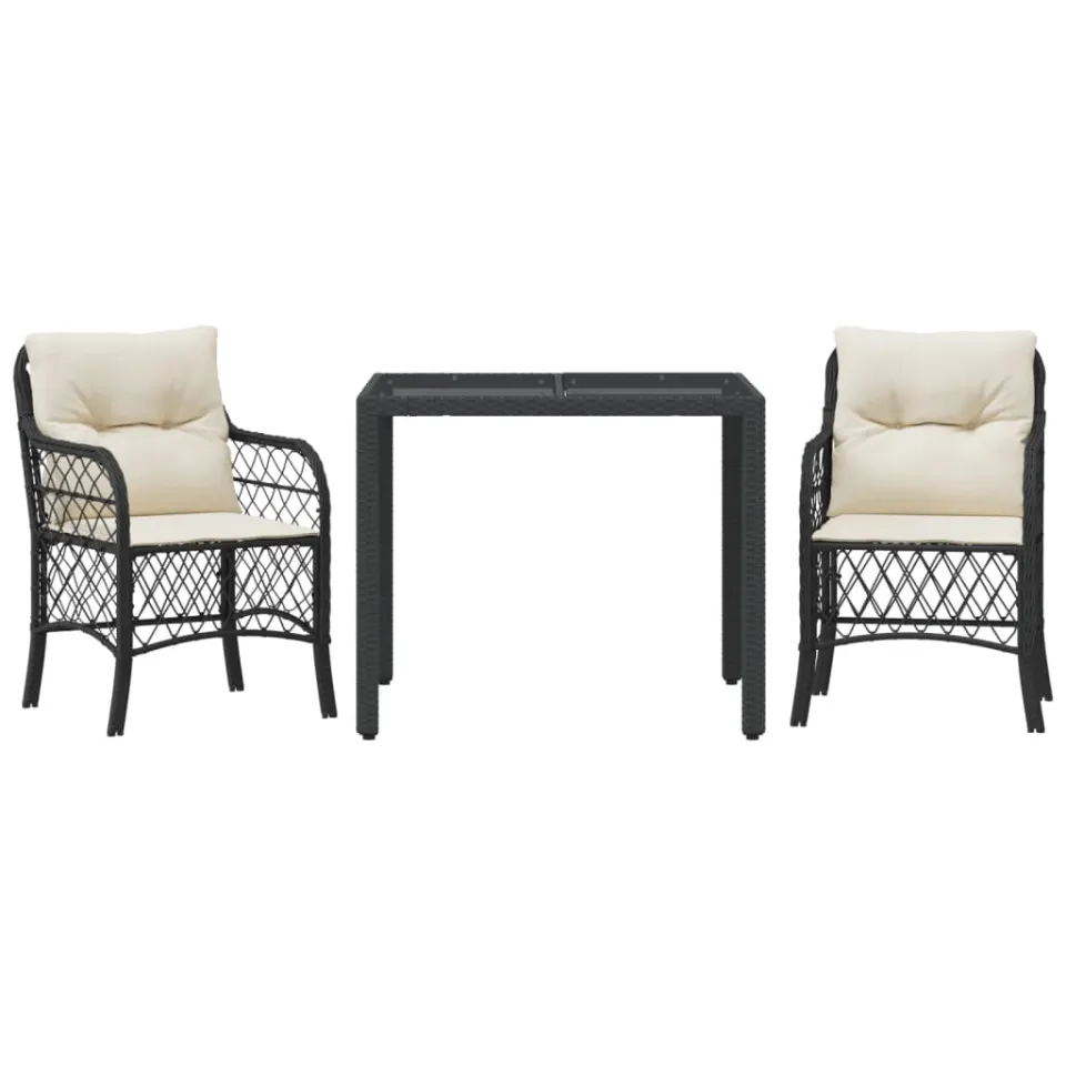 vidaXL 3-delige Bistroset met kussens poly rattan zwart, foto 3
