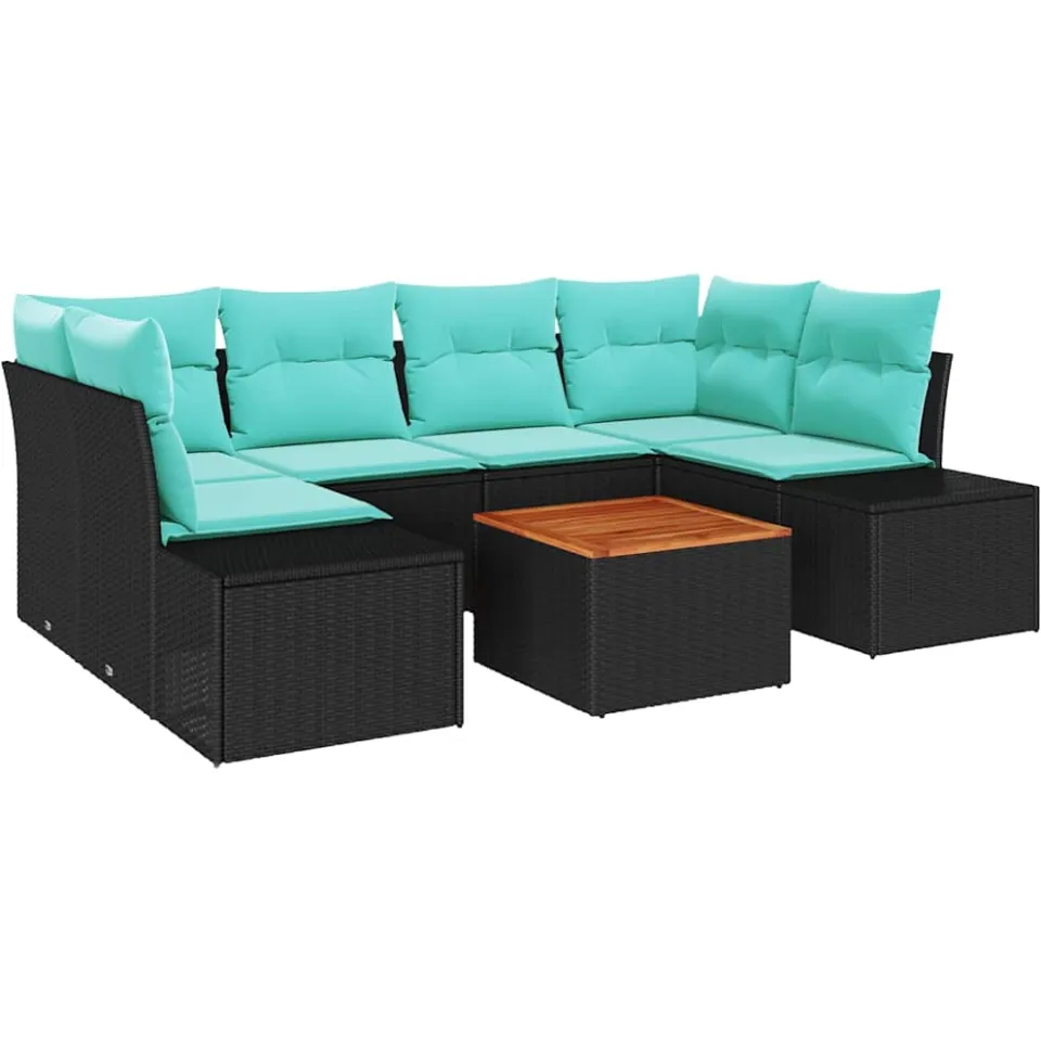 vidaXL Tuinbankenset 7 st Zwart en Turquoise poly rattan