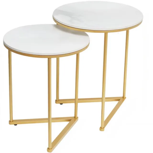 In And Outdoormatch Luxe bijzettafels - Set van 2 - Rond Gesinterd Stenen Tafelblad - Goud Metalen Frame - Modern Design Voor Woonkamer & Slaapkamer - Driehoek design Wit / goud