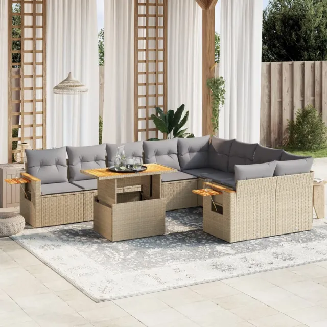 vidaXL 10-delige Loungeset met kussens poly rattan beige, foto 2