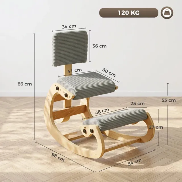 MODENUIT Kniekruk 98 x 54 x 86 cm - Met Rugleuning en Kniekussen - Voor Bureau en Meditatie - Hout Donkergrijs