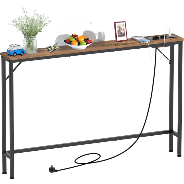 Homesy Consoletafel - Wandtafel - Haltafel met lades - 15 cm smalle consoletafel met laadstation, industrieel design, moderne salontafel met stabiel stalen frame, voor woonkamer, hal, kantoor (vintage bruin, 120 x 15 x 80 cm (d x b x h)
