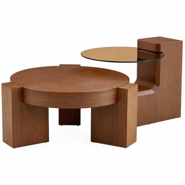 MUVANO Ronde salontafelset met bruin glas - Bijzettafels apart te gebruiken - MDF in walnootlook - Diameter 61 cm - Voor de woonkamer - Bruin