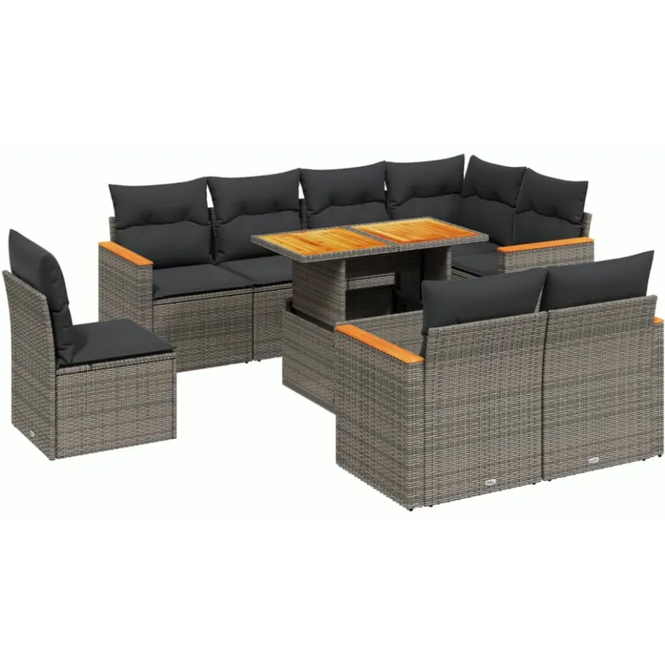 vidaXL 9-delige Loungeset met kussens poly rattan grijs