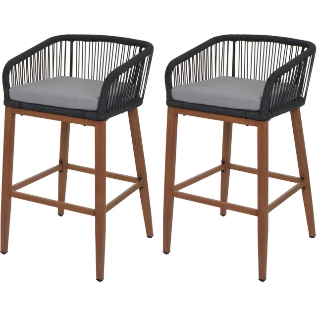 MCW Set van 2 Touw barkrukken MCW-O22, buiten zitkussen touw vlechtwerk metaal hout-look ~ antraciet, kussen lichtgrijs