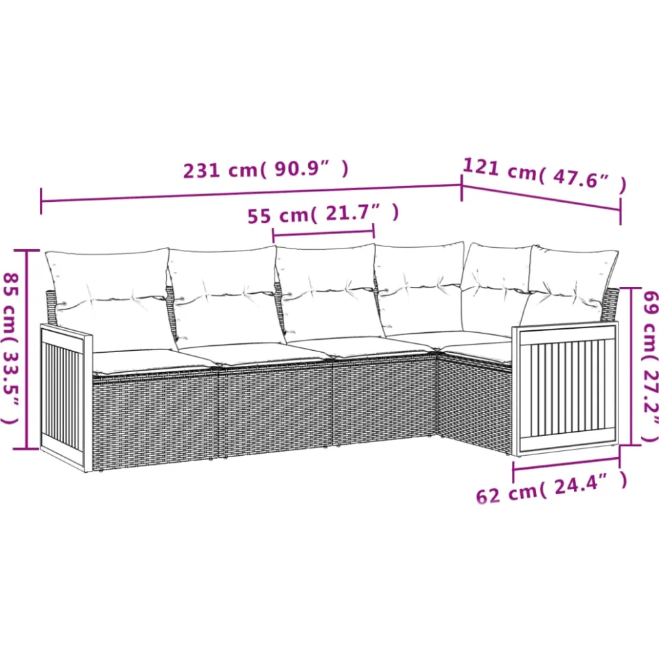 vidaXL 5-delige Loungeset met kussens poly rattan beige, foto 2