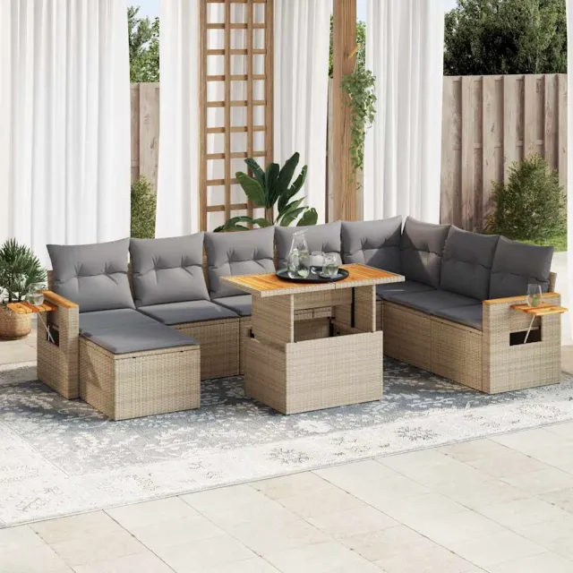 vidaXL 9-delige Loungeset met kussens poly rattan acacia beige, foto 2