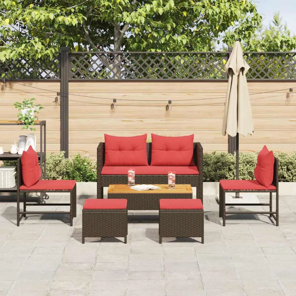 vidaXL Tuinbankenset 6 st Bruin en Rood poly rattan, foto 2