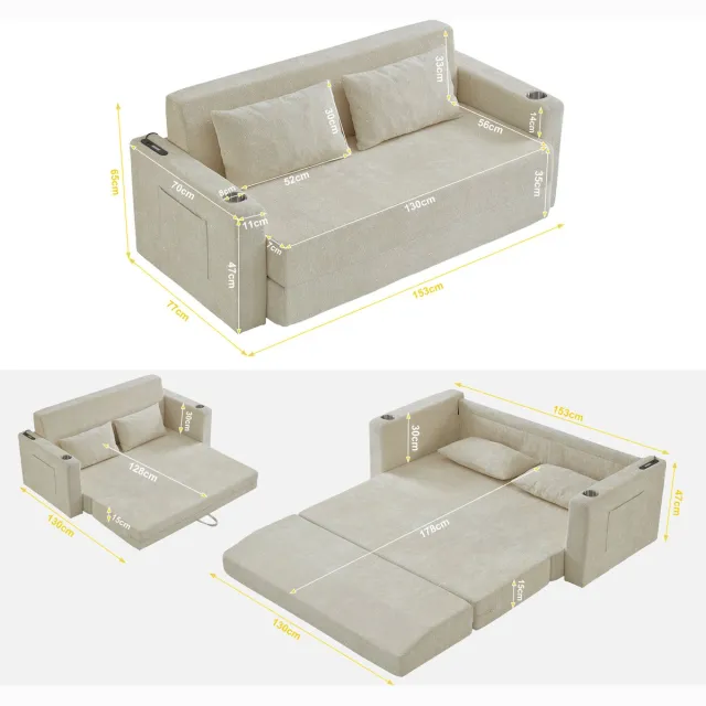 MODENUIT Slaapbank 2-Zits - 2-in-1 Opklapbaar Met USB En Opbergvakken - Woonkamer - Chenille Beige