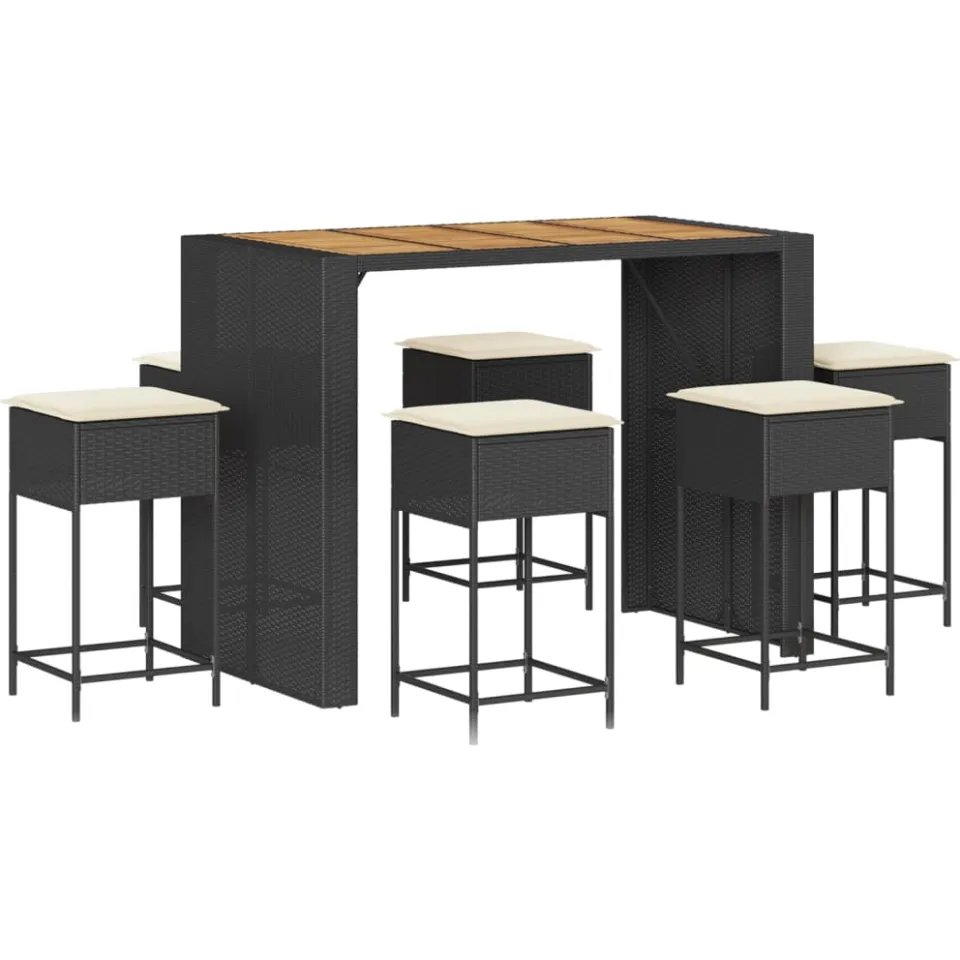 vidaXL 7-delige Tuinbarset met kussens poly rattan zwart, foto 3