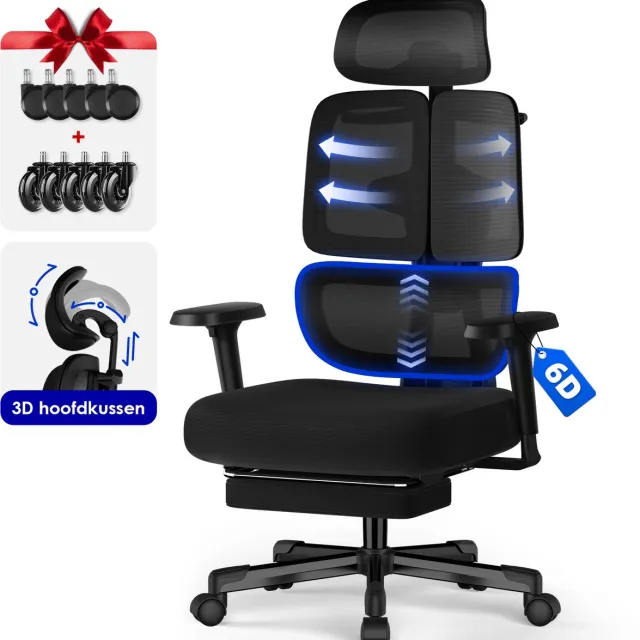 Hiaonyx bureaustoel met voetensteun–Ergonomische bureaustoel voor Volwassenen–6D Armleuningen–3D Hoofdsteun–Drievoudige Rug-en Lendensteun–Verstelbare Rugleuning tot 160°-Met stille wielen-Zwart Zwart - Met stille wielen！