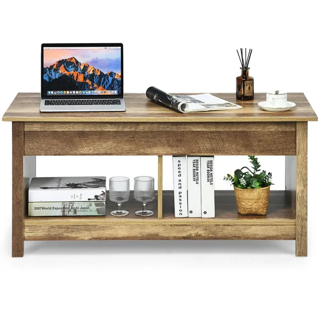 Costway Salontafel in hoogte verstelbaar, bijzettafel met opbergvak, houten salontafel, theetafel voor woonkamer, balkon, hal Natuur