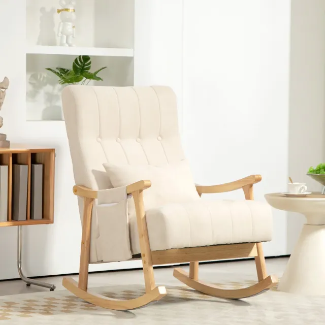 STILVORA Schommelstoel - 65 x 90 x 98 cm - Gevoerd Met Lendenkussen En Zijtas - Voor Woonkamer En Slaapkamer - Stof Beige